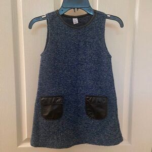 Zara Kids Blue Tweed Dress Metallic Faux Leather Pockets and Trim Girls Size 4-5